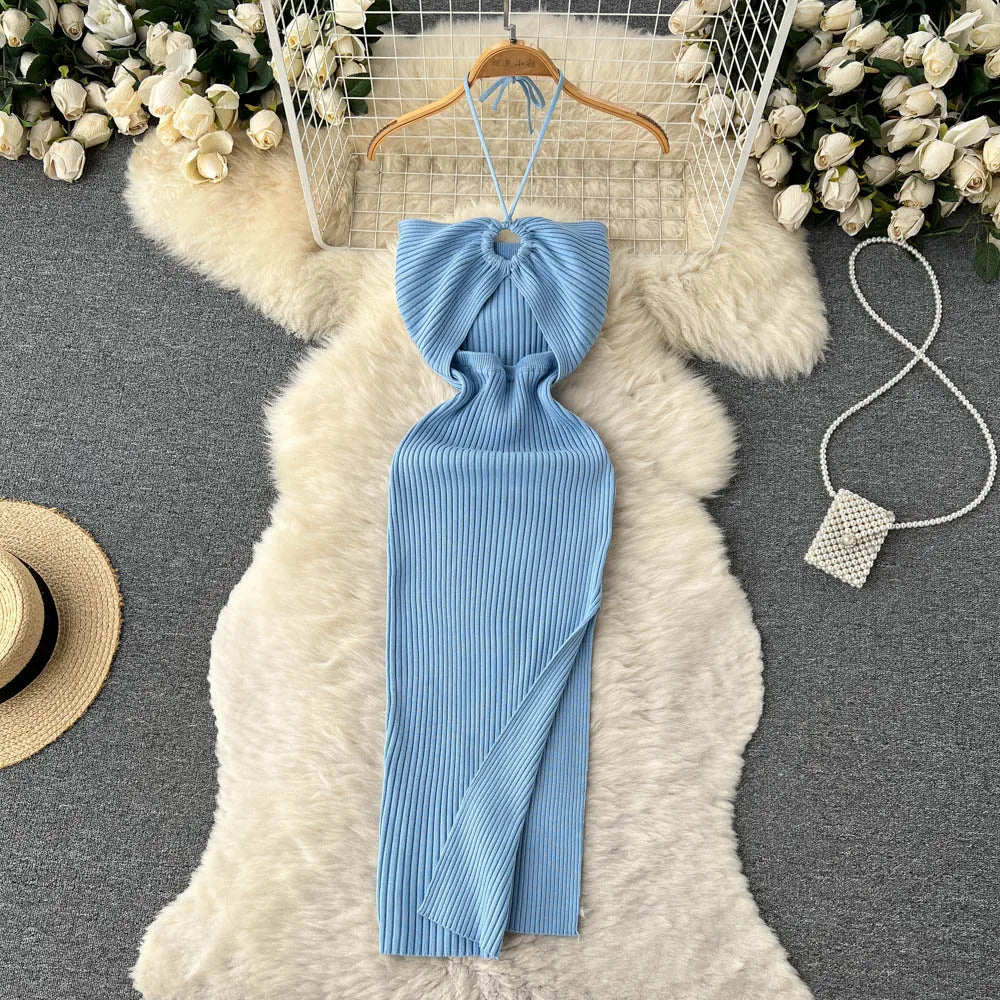 Trendy Rugloze Gebreide Maxi Jurk met Zijsplit– Liora