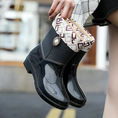 Dames Regenlaarzen waterdicht met bloemen-detail & profielzool – Serelina