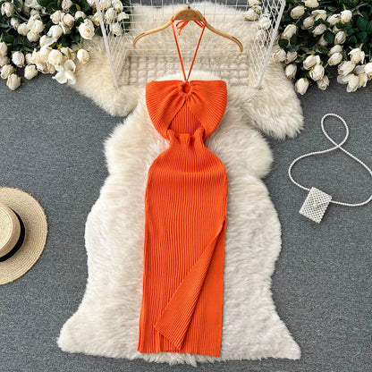 Trendy Rugloze Gebreide Maxi Jurk met Zijsplit– Liora