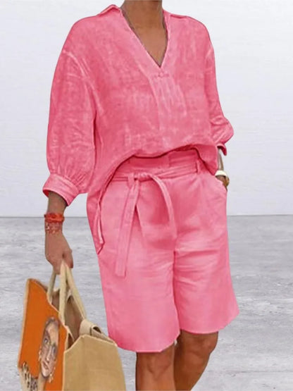 Luchtige & Stijlvolle Tweedelige Linnen Dames Set met Blouse & Shorts – Malea