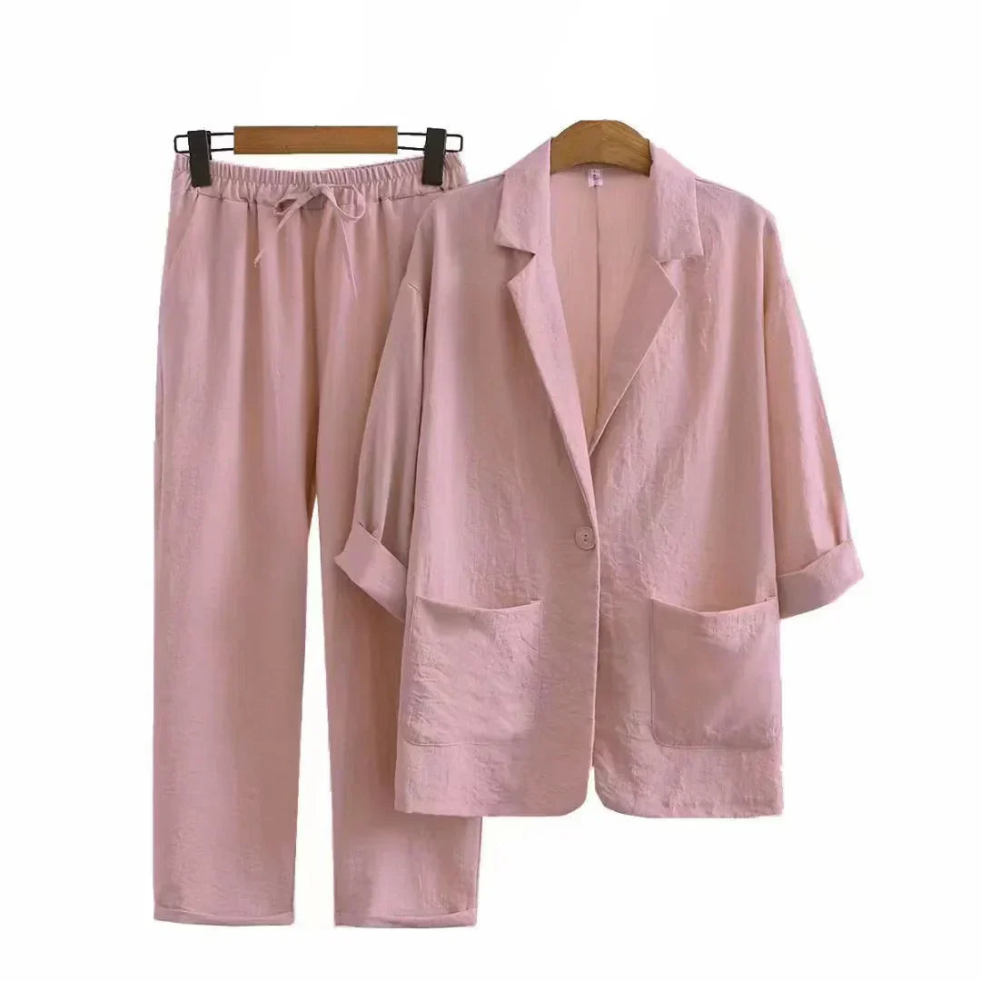 Luchtige & Stijlvolle Tweedelige Damesset met Jasje en Rechte Broek – Sorella