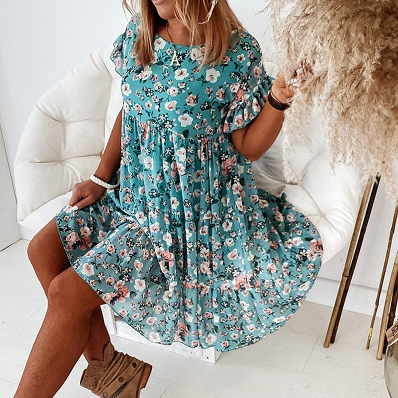 Boho Bloemenjurk met Ruches en Taillesnit – Calista