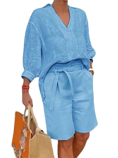 Luchtige & Stijlvolle Tweedelige Linnen Dames Set met Blouse & Shorts – Malea
