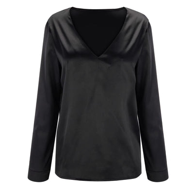 Satijn dames blouse met diepe V-hals & lange mouwen - Daria