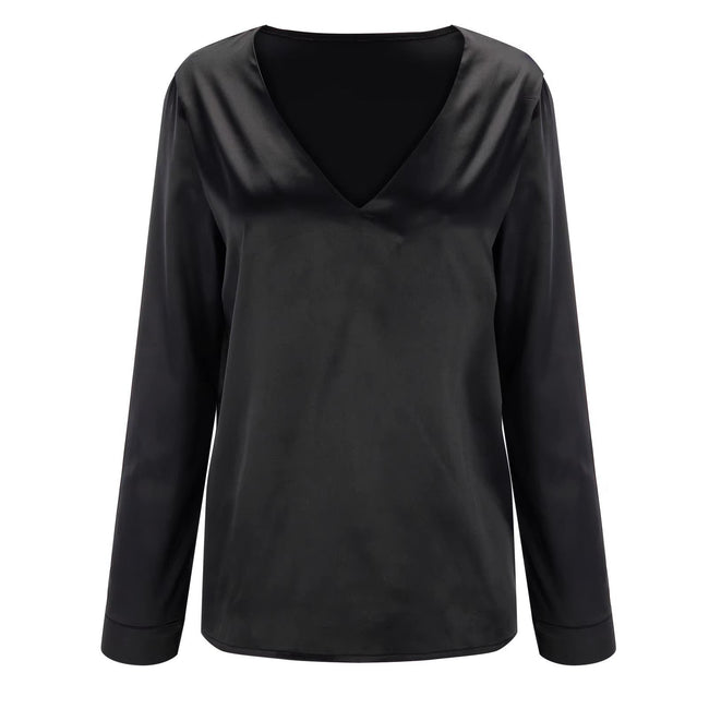 Satijn dames blouse met diepe V-hals & lange mouwen - Daria