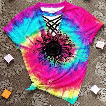 Trendy dames T-shirt met cut-out ontwerp en tie-dye patroon - Norina