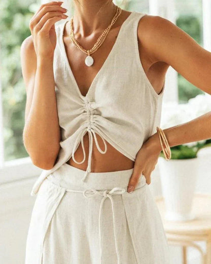 Katoenen tweedelige dameset met ronde hals en relaxbroek – Tilda