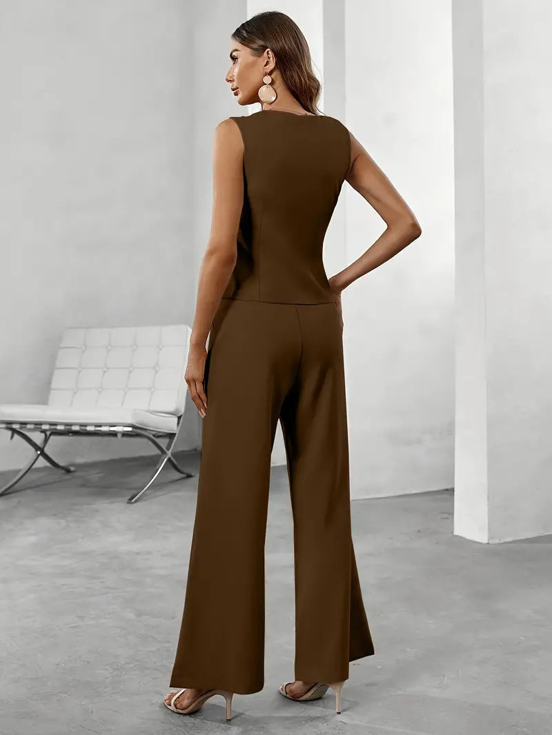 Trendy dames broekpakt met gilet & flare broek – Selina