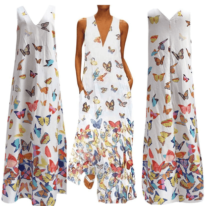 Trendy Mouwloos Maxi Zomerjurk met Vlinderpatroon – Malia