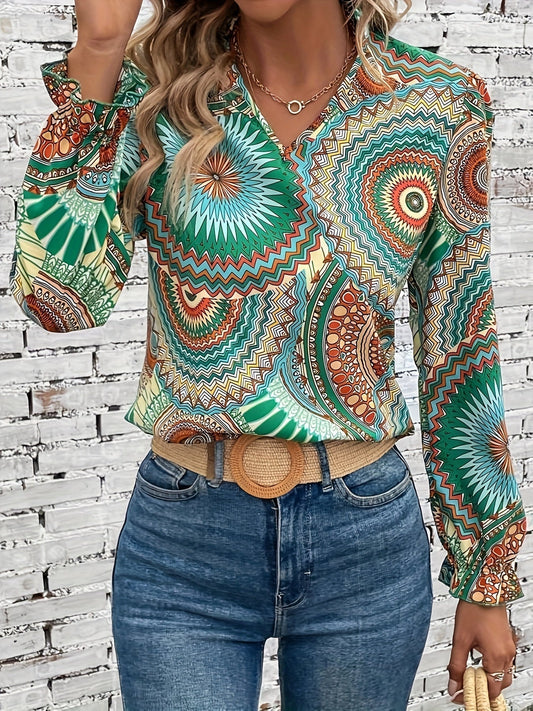 Damesblouse met bloemenpatroon & V-hals voor lente & herfst – Selina