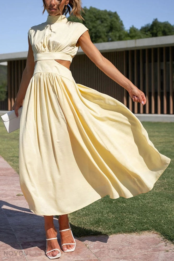 Trendy Midi Zomerjurk met Col en Taille Uitsparing – Avelina