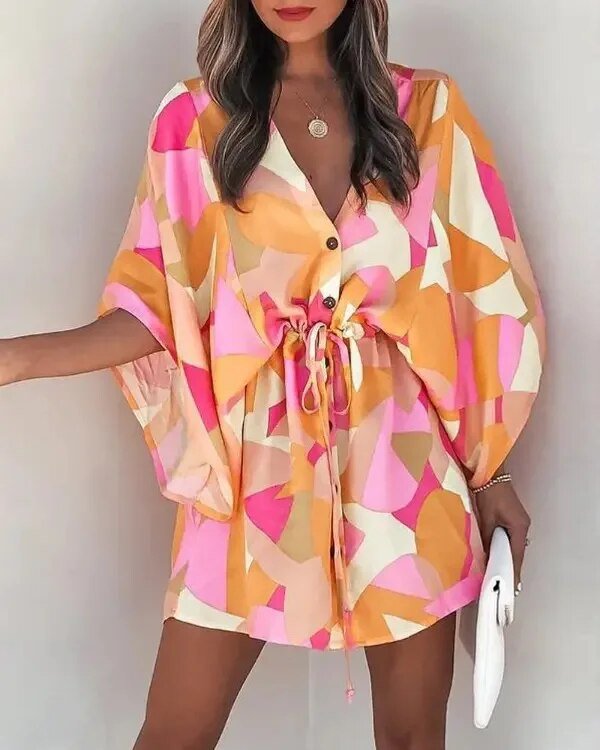 Zomerkleed met V-hals en ruche mouwen – Amira