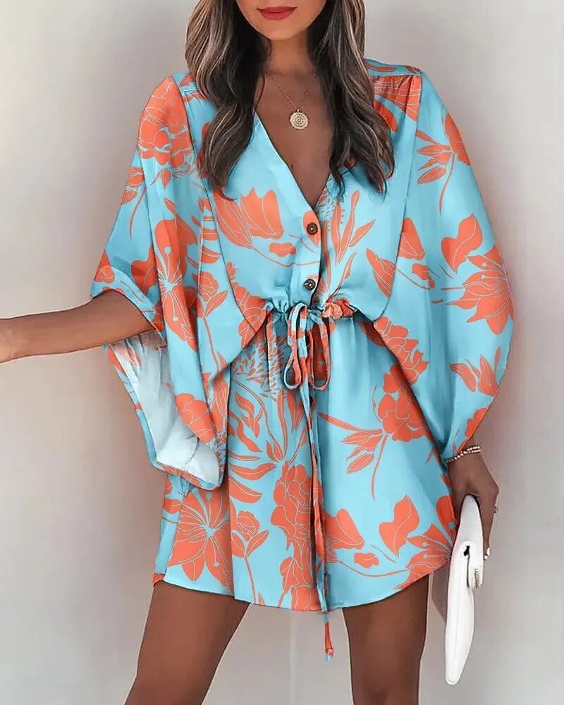 Zomerkleed met V-hals en ruche mouwen – Amira