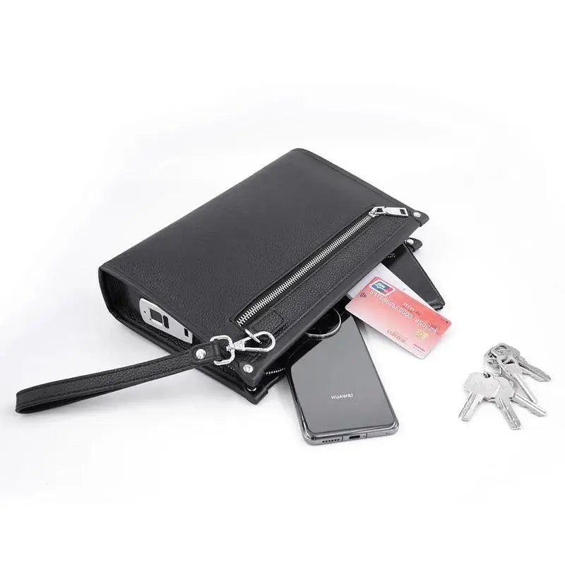 Heren Clutch van Echt Leer met Vingerafdrukslot – Zwart