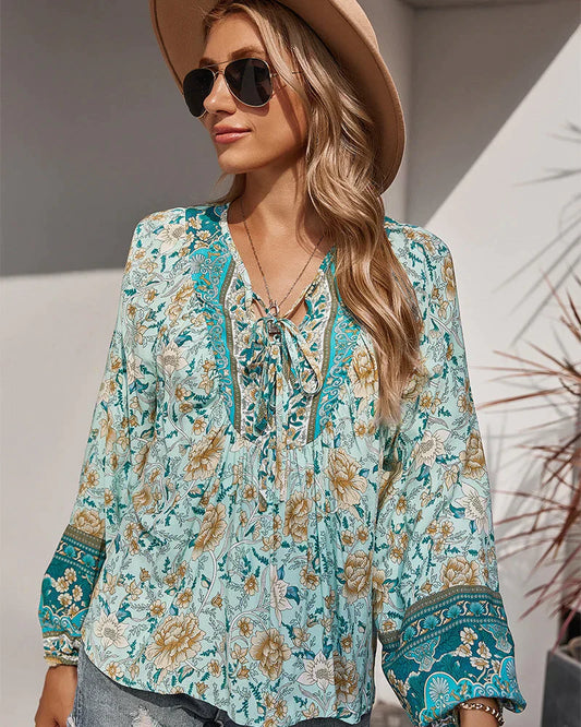Vintage Boho zomerblouse met bloemenprint en lange mouwen – Sana