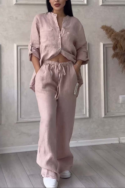 Trendy tweedelige linnen dames set met blouse en wijde broek - Lina