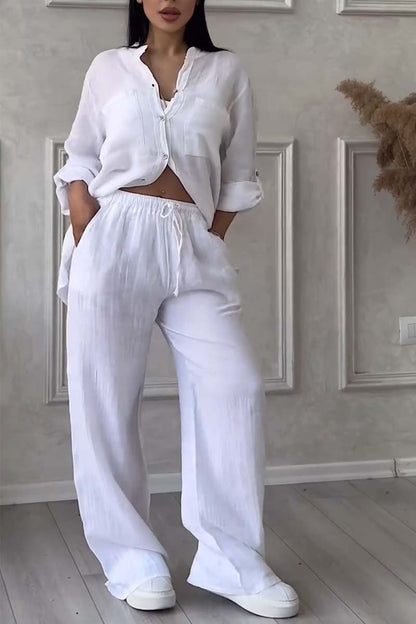 Trendy tweedelige linnen dames set met blouse en wijde broek - Lina