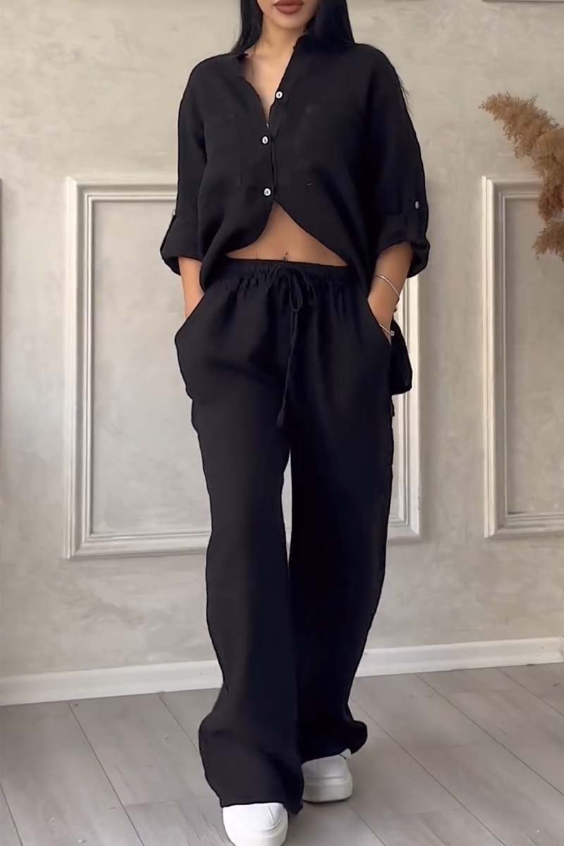 Trendy tweedelige linnen dames set met blouse en wijde broek - Lina