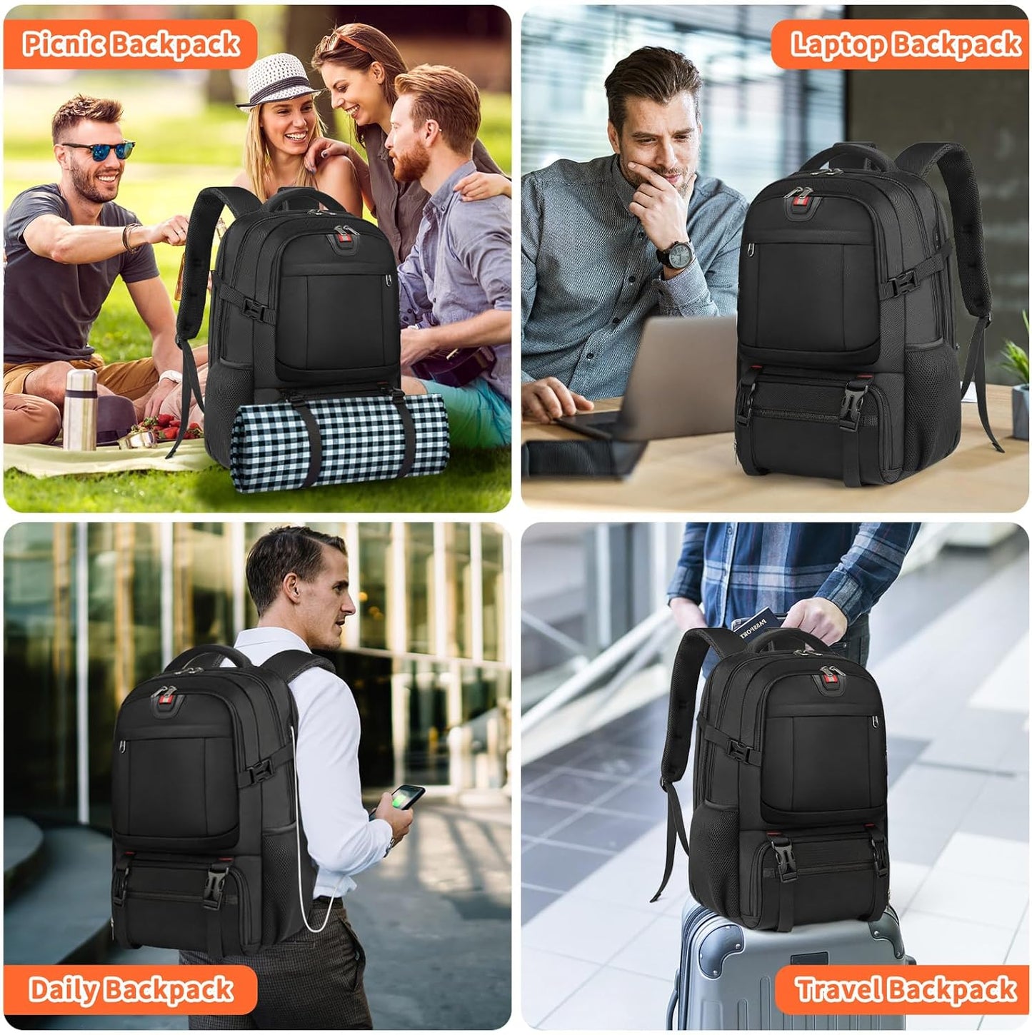 Extra grote rugzak voor lunch en laptop met USB-oplaadpoort