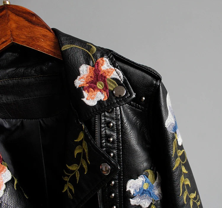 Geborduurde Dames Kunstlederen Motorjack – Eleonora