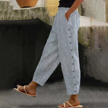 Gestreepte Hoge Taille Damesbroek met Decoratieve Knopen - Florence