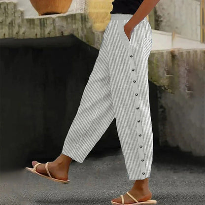 Gestreepte Hoge Taille Damesbroek met Decoratieve Knopen - Florence