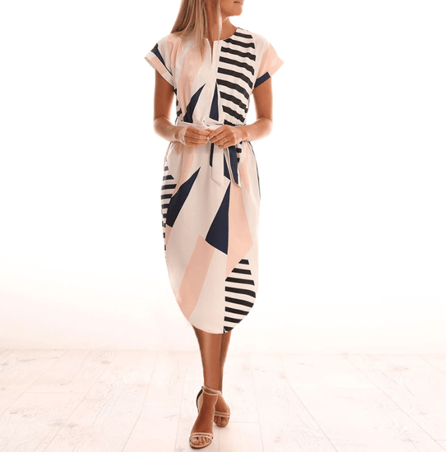 Trendy Asymmetrische Dames Midi-jurk met Print en Tailleband – Elira