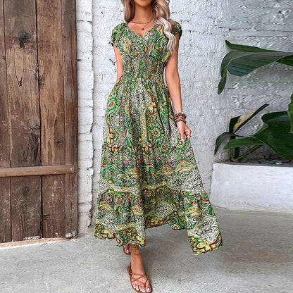 Luchtige dames maxidress met boho print & V-hals - Nayeli