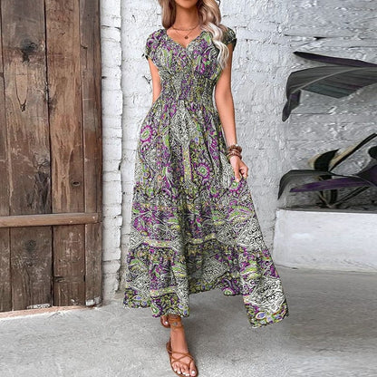 Luchtige dames maxidress met boho print & V-hals - Nayeli