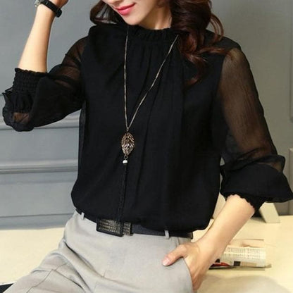 Stijlvolle dames chiffon blouse met ruches en transparante mouwen – Elina