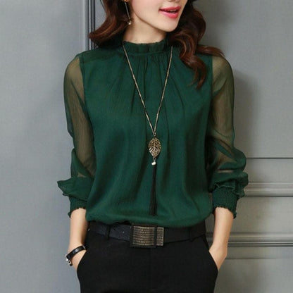 Stijlvolle dames chiffon blouse met ruches en transparante mouwen – Elina