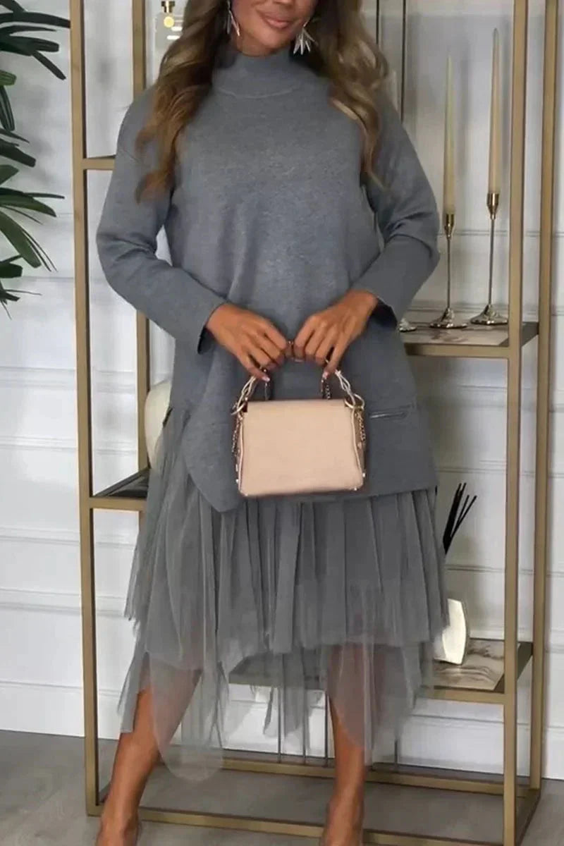 Casual Jurk Met Lange Mouwen En Mesh Rok – Ysolde