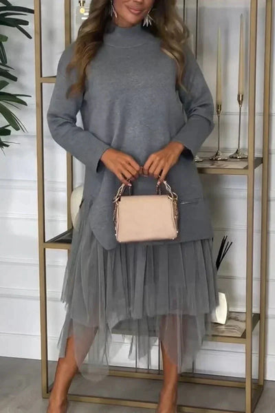 Casual Jurk Met Lange Mouwen En Mesh Rok – Ysolde