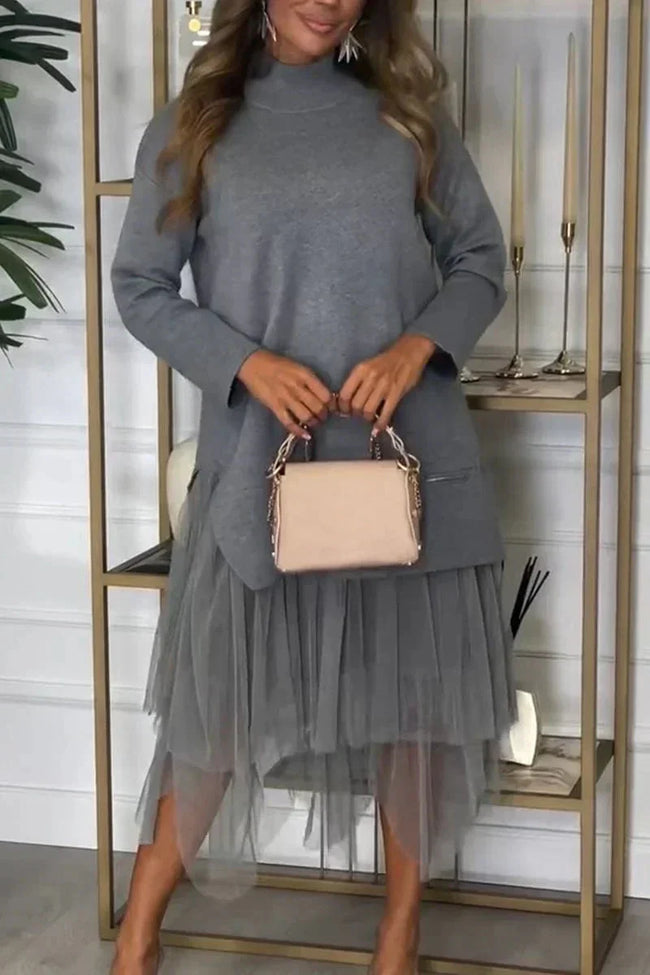 Casual Jurk Met Lange Mouwen En Mesh Rok – Ysolde