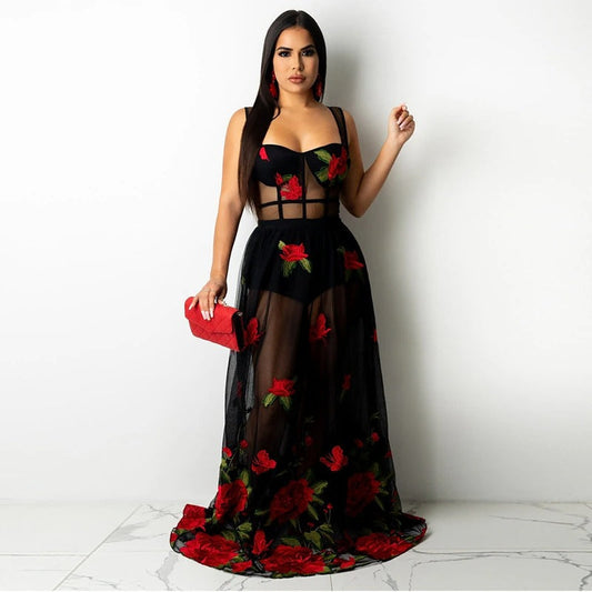 Maxi Jurk met Bloemenborduursel en Spaghettibandjes – Rosalie
