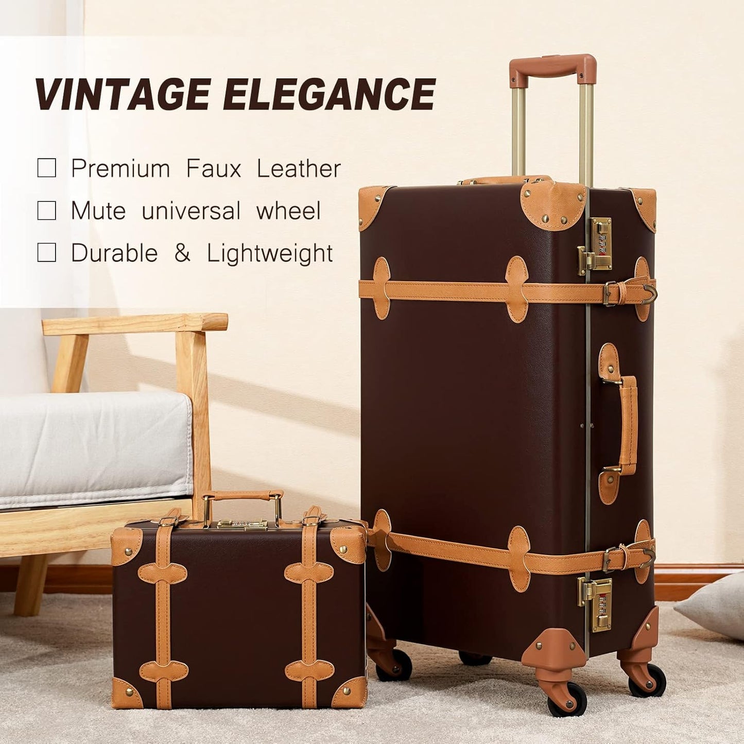 2-delige Vintage-geïnspireerde Koffer Set met Spinner Wielen en Beschermhoes