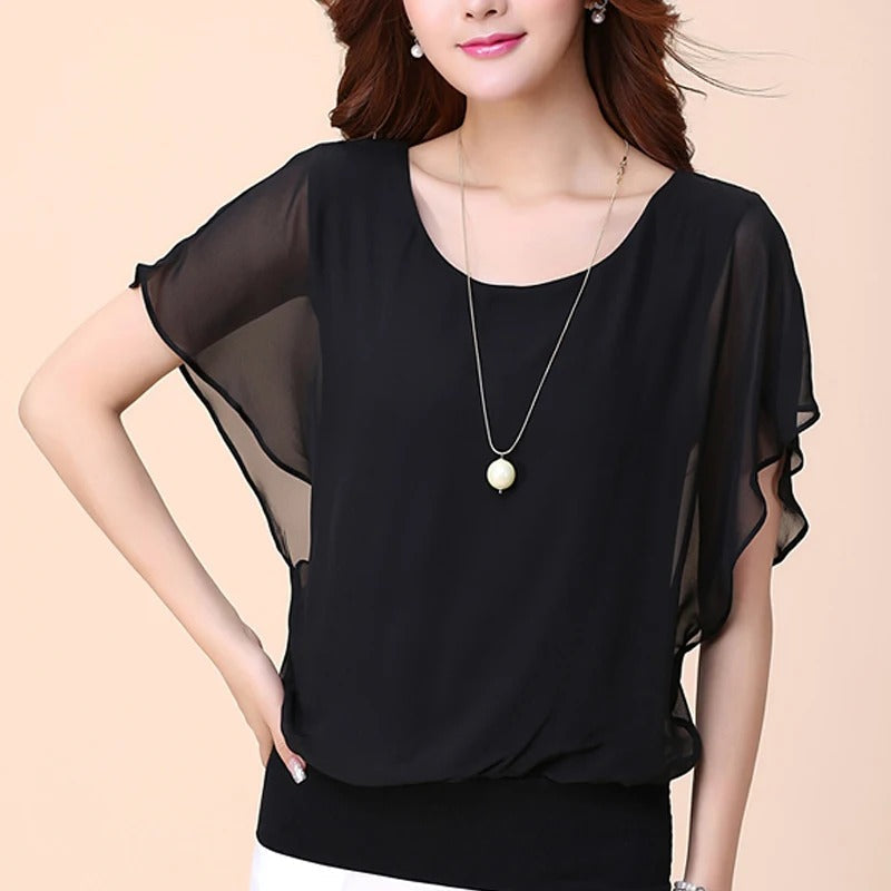 Dames Chiffon Blouse met Ruche Mouwen – Ariana