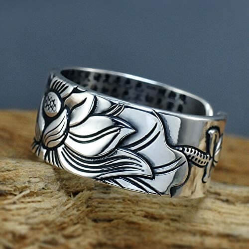 Zilveren Lotusbloem Boeddhistische Sutra Ring