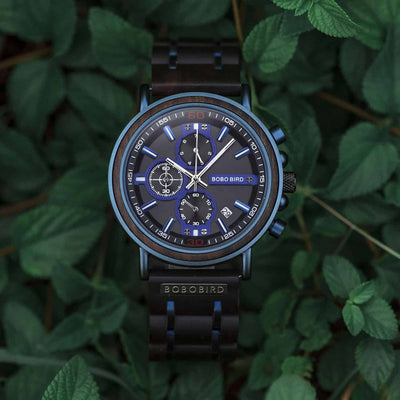 Blauw Houten Chronograafhorloge