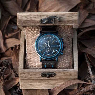 Blauw Houten Chronograafhorloge