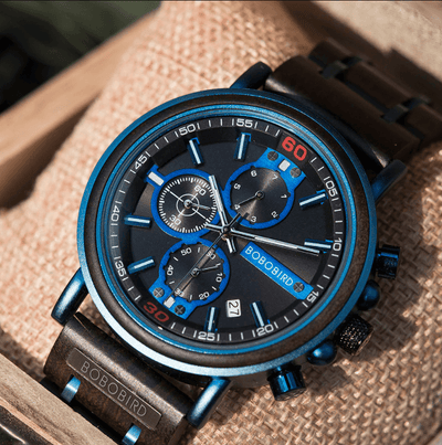 Blauw Houten Chronograafhorloge