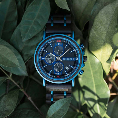 Blauw Houten Chronograafhorloge